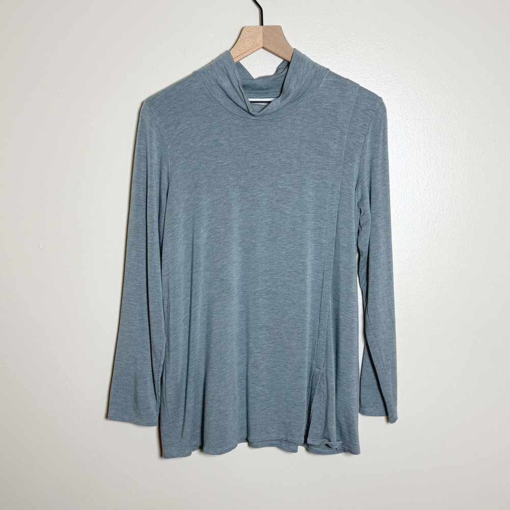 Pure Jill Tranquility Fleece Funnel Neck Top Blue Green Asymmetrical Pleat Small